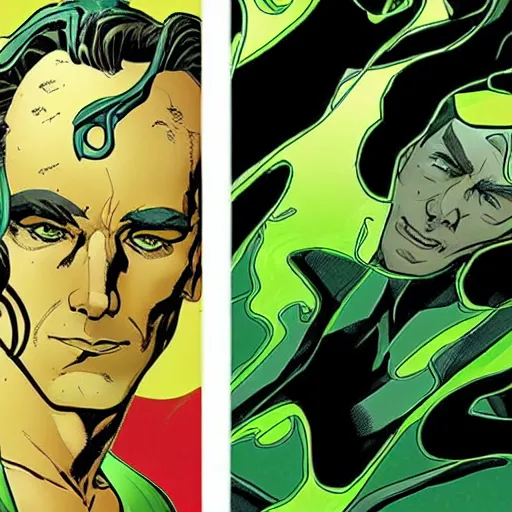 Image similar to The artwork is conceptual artwork for a graphic novel that shows Loki, the god of mischief, in a variety of emotional states. Lee Garbett created the artwork.