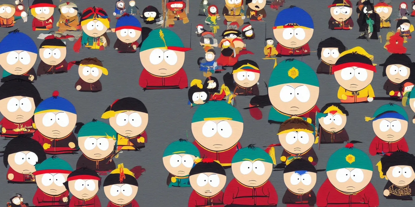 Image similar to south park kenny kyle stan cartman in style of nihonga painting by uemura shoen