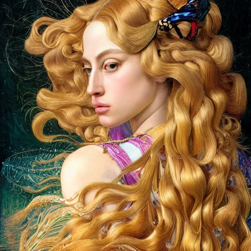 Image similar to photo realistic, hyper realism, lady gaga artpop act ii album, intricate detail, hyper detail, gaston bussiere, sandro botticelli style, with honey light brown rapunzel hair, detailed, masterpiece, sharp focus,