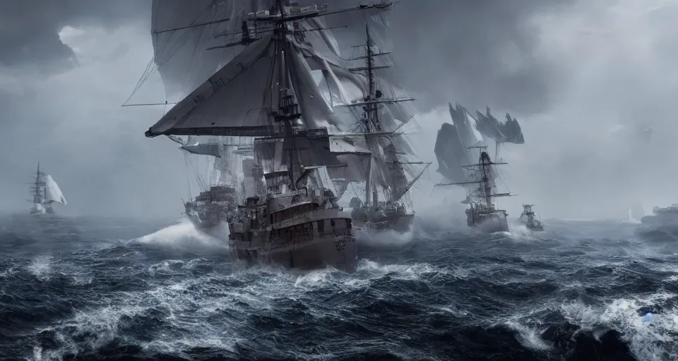 Image similar to battleship as tall as a mountain with huge sails, raging sea foggy, dramatic, action scene, stormy background, shipfleet on the horizon, high detail, unreal engine, octane render, 8 k high definition, photorealistic