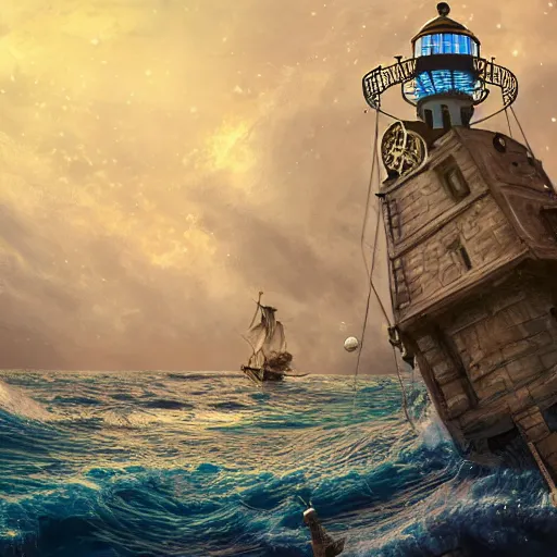 Image similar to pirates sailing the lighthouse in the middle of the galaxy , wide angle shot, diffuse lighting, fantasy, intricate, elegant, highly detailed, lifelike, photorealistic, digital painting, illustration, concept art, smooth, sharp focus, A24!film cinematography