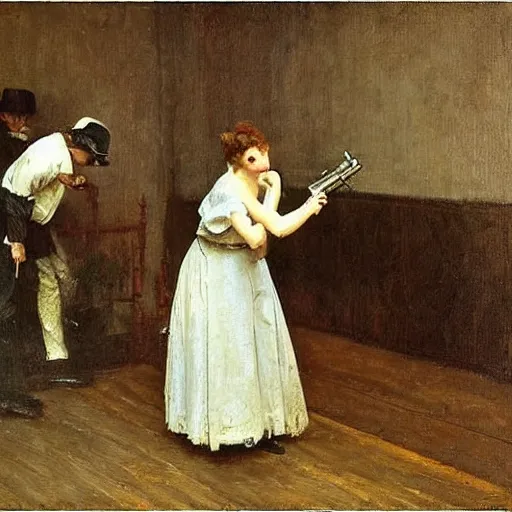 Prompt: actress rehearsing an action scene with revolver by alfred stevens