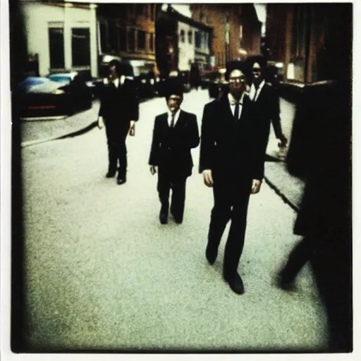 Image similar to wide-shot low angle of invisible people in formal suits walking down the Night Vale street, polaroid photo, by Andy Warhol
