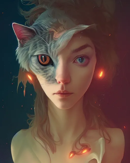 Image similar to highly detailed surreal vfx portrait of cat, stephen bliss, unreal engine, greg rutkowski, loish, rhads, beeple, makoto shinkai and lois van baarle, ilya kuvshinov, rossdraws, tom bagshaw, alphonse mucha, global illumination, detailed and intricate environment