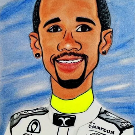 Prompt: a badly drawn picture of lewis hamilton, caricature!!!, funny, crayon art, bad, beginner art