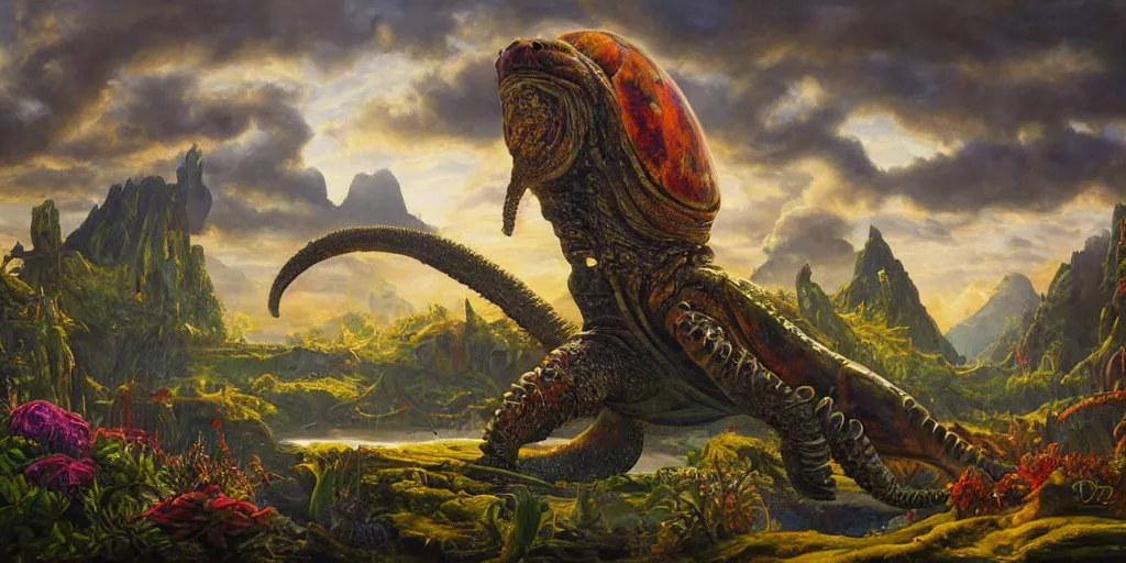 Image similar to fantasy oil painting, great leviathan, cybernetic turtle cephalopod terrapin reptilian pachyderm squid, bella hadid, hybrid, milla jovovich, anubis, epic natural light, lush plants flowers, spectacular mountains, bright clouds, luminous sky, outer worlds, golden hour, michael cheval, edward hopper, michael whelan, vray, hd