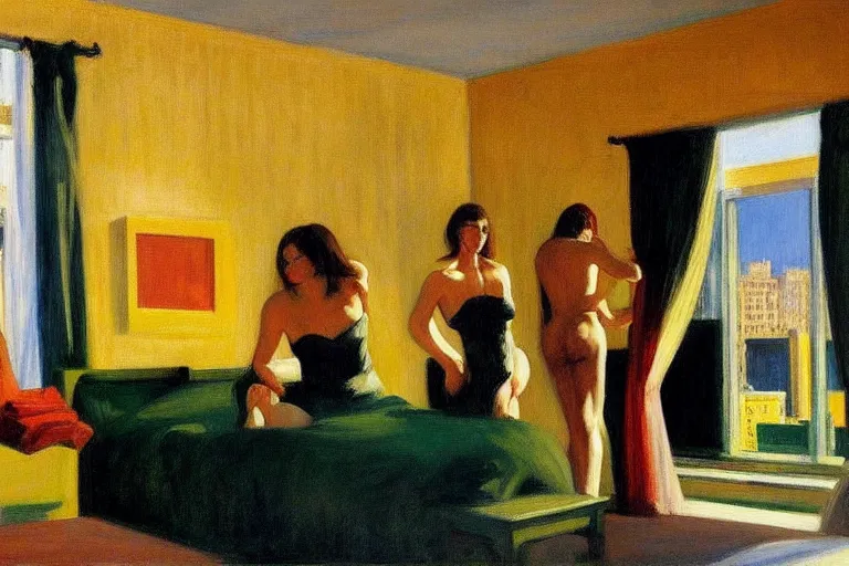 Image similar to the chelsea hotel, painting by edward hopper and eric fischl and robert mcginnis