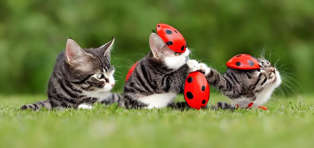 Prompt: cute cats play fighting with a ladybug