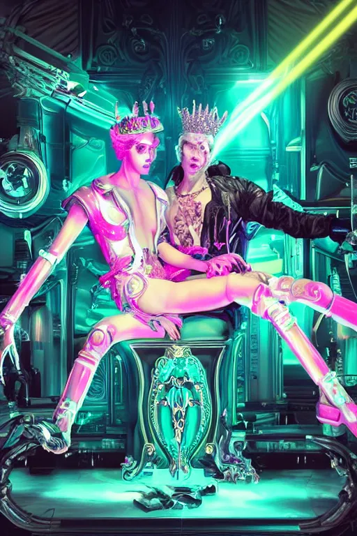 Image similar to full-body rococo and cyberpunk style neon statue of a young attractive Cubano macho dotado e rico android sim roupa reclining con las piernas abertas e la piroca dura, glowing white laser eyes, prince crown of pink gears, diamonds, swirling silver-colored silk fabric. futuristic elements. full-length view. space robots. human skulls. intricate artwork by caravaggio. Trending on artstation, octane render, cinematic lighting from the right, hyper realism, octane render, 8k, depth of field, 3D