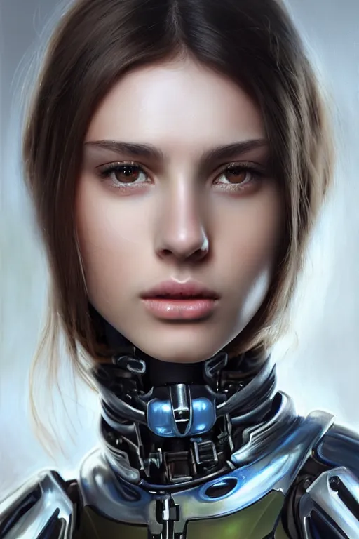 Image similar to a photorealistically painted portrait of an attractive young girl, partially clothed in cybernetic battle armor, with an abstractly painted background, flawless olive skin, fair complexion, long dark hair, beautiful bone structure, perfectly symmetric facial features, perfect photorealistic eyes, natural physique, intricate, elegant, digital painting, concept art, finely detailed, beautifully illustrated, sharp focus, minimal artifacts, volumetric lighting, from Metal Gear, by Ruan Jia and Mandy Jurgens and Artgerm and William-Adolphe Bouguerea, in the style of Greg Rutkowski, trending on Artstation, award winning art