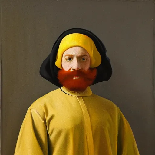 Image similar to Oil painting, Portrait of Muslim Ronald mcdonald wearing a thobe in the style of Johannes Vermeer