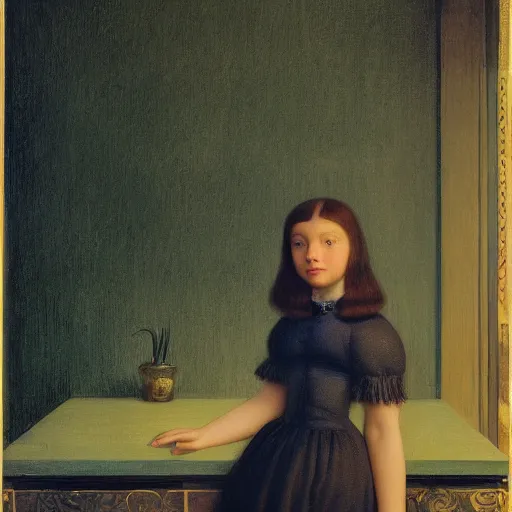 Prompt: a young beautiful girl in front of a wallpaper by ernst haeckel, daguerreotype by edward hopper, by henri rousseau, by Bosch, art noveau, highly detailed, strong lights, liminal, eerie, Bright pastel colors, octane render, 8k,