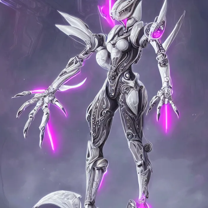 Image similar to highly detailed exquisite fanart, of a beautiful female warframe, but as an anthropomorphic robot dragon, shiny white silver armor engraved, Fuchsia skin beneath the armor, sharp claws, long tail, robot dragon hands and feet, elegant pose, close-up shot, full body shot, epic cinematic shot, professional digital art, high end digital art, singular, realistic, DeviantArt, artstation, Furaffinity, 8k HD render