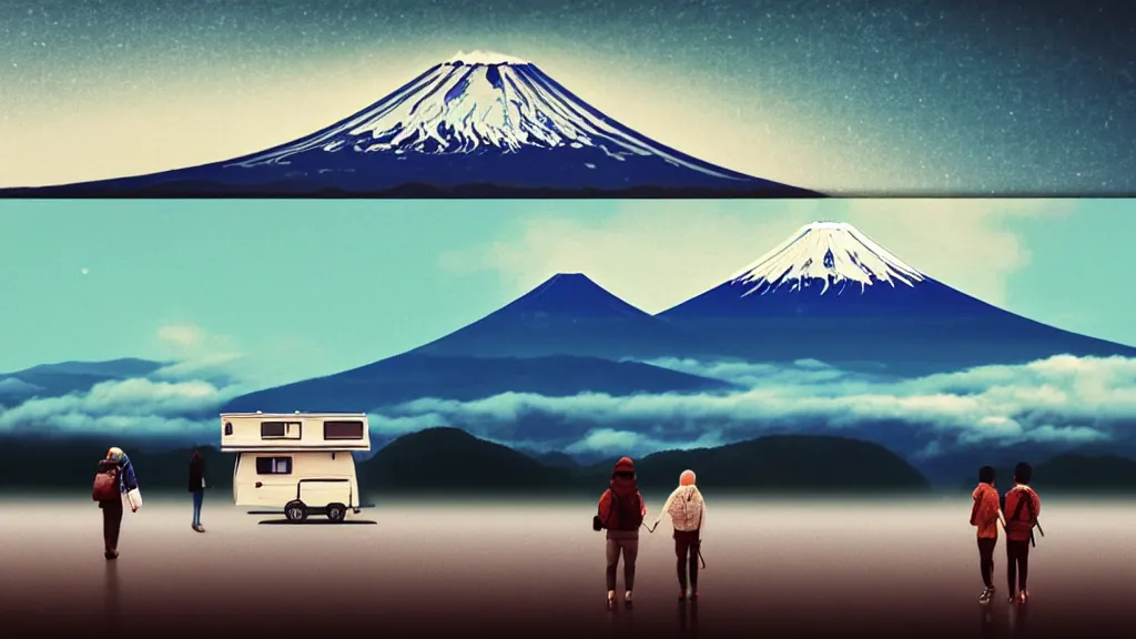 Prompt: a scene of two travellers and their camper touring overlook at the edge of yamanaka lake, reflecting mount fuji and a dramatic sky, japan, a collage painting, in the style of wes anderson, lola dupre, david hockney, isolated on negative white space background dark monochrome neon spraypaint accents volumetric octane render