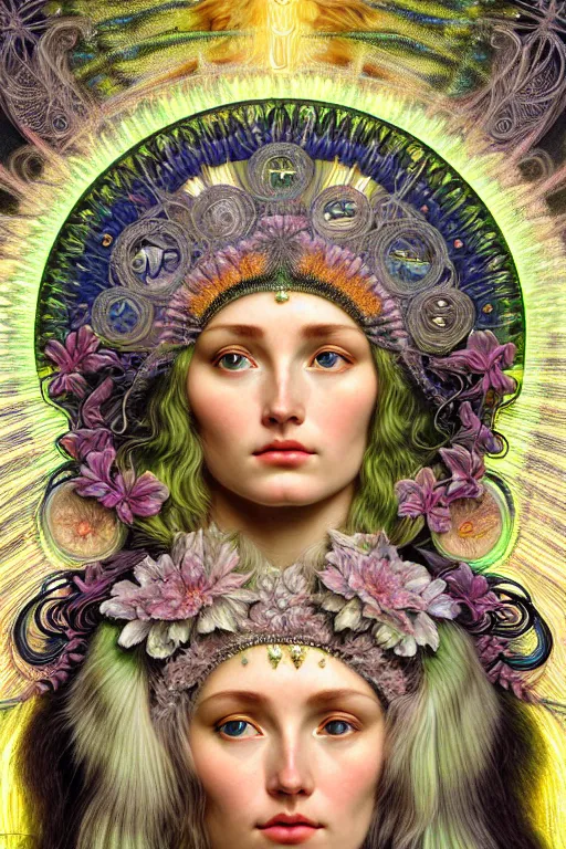 Image similar to hyperrealistic detailed face portrait of the beautiful goddess of the northern lights with an intricate headgear of a beautiful landscape, art by ernst haeckel, john william godward, android jones, alphonso mucha, h. r. giger, gothic - cyberpunk, ornamental, dimmed pastel colours,