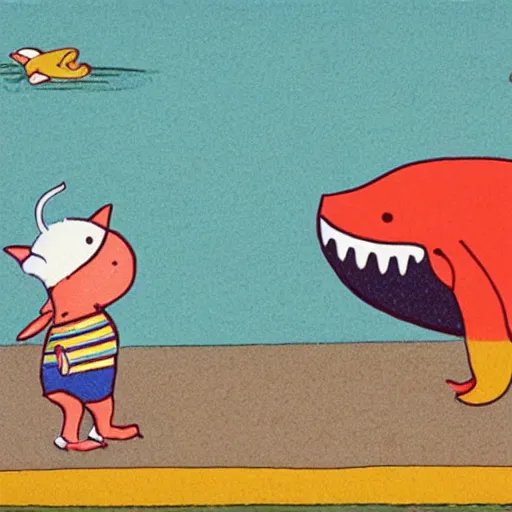 Image similar to an illustration of a happy whale man by richard scarry