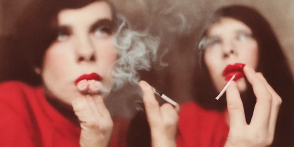 Prompt: analog photo of a woman wearing red lipstick, smoking a cigarette