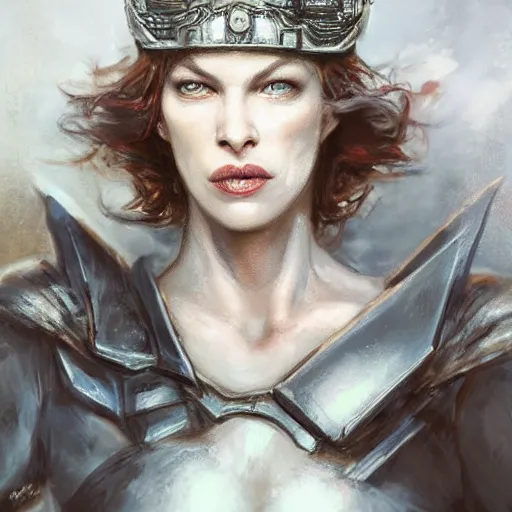 Prompt: mister freeze as an attractive young smiling woman played by milla jovovich wearing a mushroom crown and heavy armoured wedding dress, face portrait, hd shot, digital portrait, elegant, beautiful, fantasy art, artstation, comic style, by artgerm, guy denning, jakub rozalski, magali villeneuve and charlie bowater