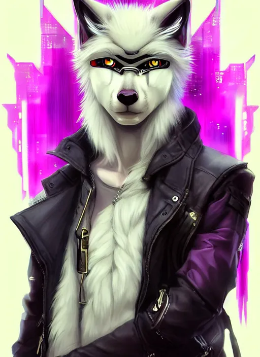 Image similar to award winning beautiful portrait commission of a male furry anthro albino wolf fursona with a tail and a cute beautiful attractive detailed furry face wearing stylish black, pink and blue cyberpunk biker clothes in a cyberpunk city at night while it rains. Character design by charlie bowater, ross tran, artgerm, and makoto shinkai, detailed, inked, western comic book art