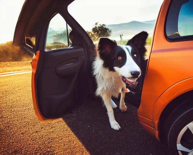 Prompt: border collie dog in the driver's seat of an orange nissan note, rally driving photo, award winning photo, golden hour, perfect composition