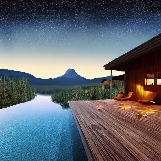 Image similar to 8 spiderman sitting in infinity pool finnish cabin environment. mountain background. photorealistic. ultra realistic. ultra high definition. 8 k. evening. starry sky.