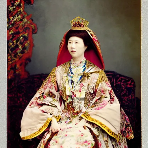 Image similar to a wide full shot, colored russian and japanese mix historical fantasy of a photograph portrait taken of the empress wearing her royal wedding attire, photographic portrait, warm lighting, 1 9 0 7 photo from the official wedding photographer for the royal wedding.