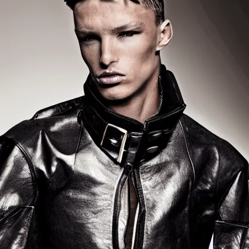 Image similar to an award - winning editorial photo of a male model wearing a baggy designer medieval cropped leather menswear jacket by alexander mcqueen, 4 k, studio lighting