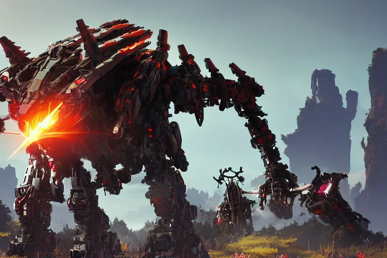 Image similar to ravager machine mecha animal beast robot of horizon forbidden west horizon zero dawn bioluminiscence global illumination ray tracing hdr fanart arstation by sung choi and eric pfeiffer and gabriel garza and casper konefal