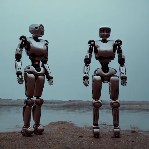 Prompt: Beautiful cinematic scene of a couple of two damaged and broken humanoid robots standing near a river, at night, peaceful, science fiction, cinematic lighting, insanely detailed, directed by Denis Villeneuve and Wes Anderson, filmic