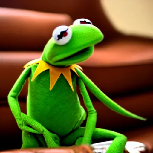 Image similar to candid photo of kermit the frog sitting on the couch holding a bong, kermit the frog in ted ( 2 0 1 2 ) bong rip, kermit the frog, high resolution photo, trending on artstation, interior design, bong!!!!,