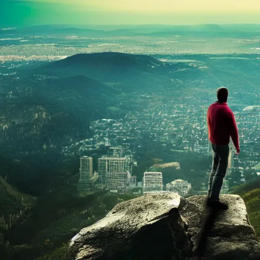 Image similar to a man looking down from a very tall mountain and seeing a city below him, photorealistic