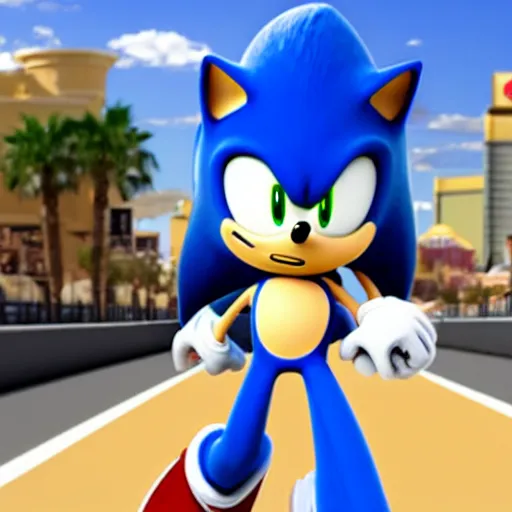 Image similar to sonic in 3d style running in las vegas nevada