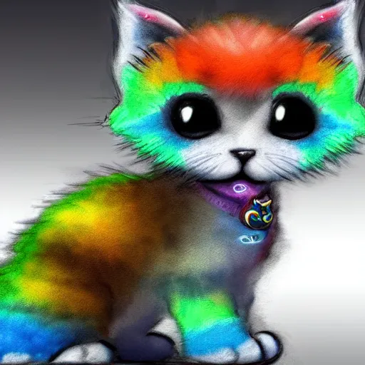 Image similar to wide angle full body, of a fluffy cute rainbow kitten wearing a black leather motorcycle jacket, concept art