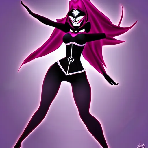 Prompt: dark sorceress in dynamic pose, cartoon style, shadman style