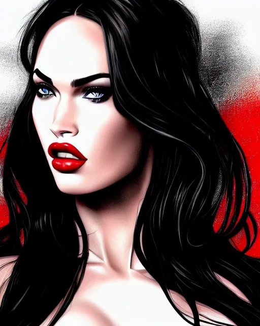 Image similar to closeup portrait beautiful seductive megan fox with long windblown hair in a black party dress, red lipstick, glamour pose, detailed illustration, digital art, trending on artstation, arney freytag, graffiti, gta 5,