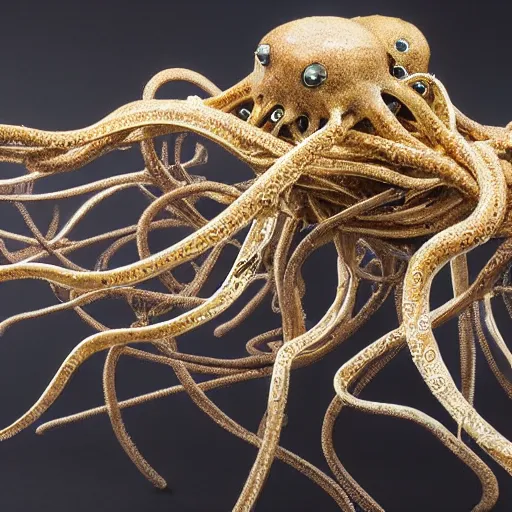 Prompt: incredibly detailed cybernetic symbiosis cybernetic octopus squid strandbeest made with fractals of snake and smoke and fine gold wire by Ellen Jewett and peter gric, trending on artstation, dof2, macro lens, Fine Arts, Rule of thirds, Vivid Colours