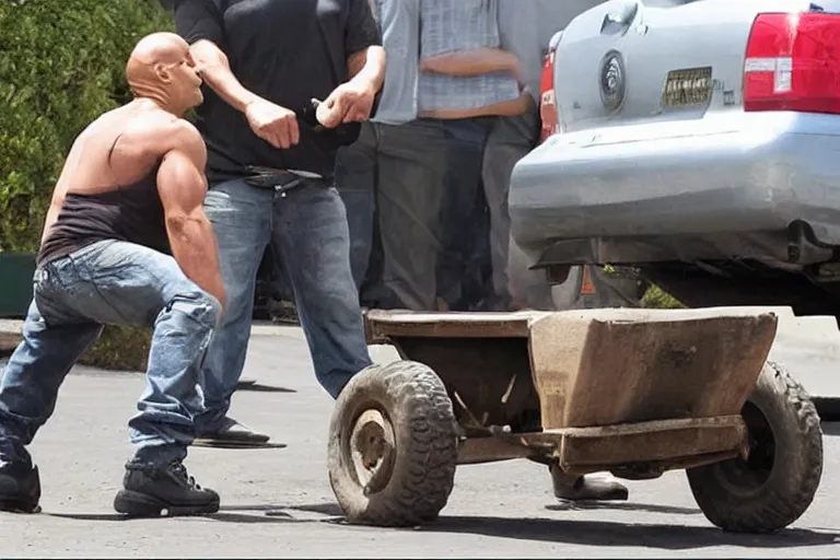 Image similar to Vin Diesel driving a wheelbarrow