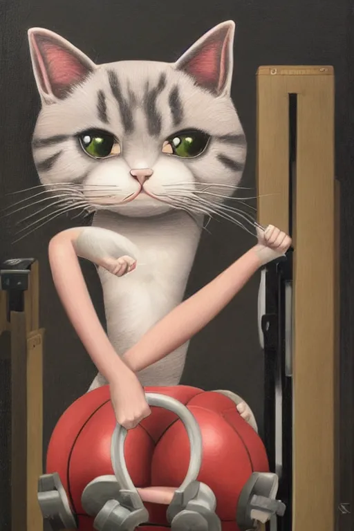 Prompt: anthro cat working out in the gym, an ultrafine detailed painting by mark ryden, trending on deviantart, pop surrealism, whimsical, lowbrow, grotesque