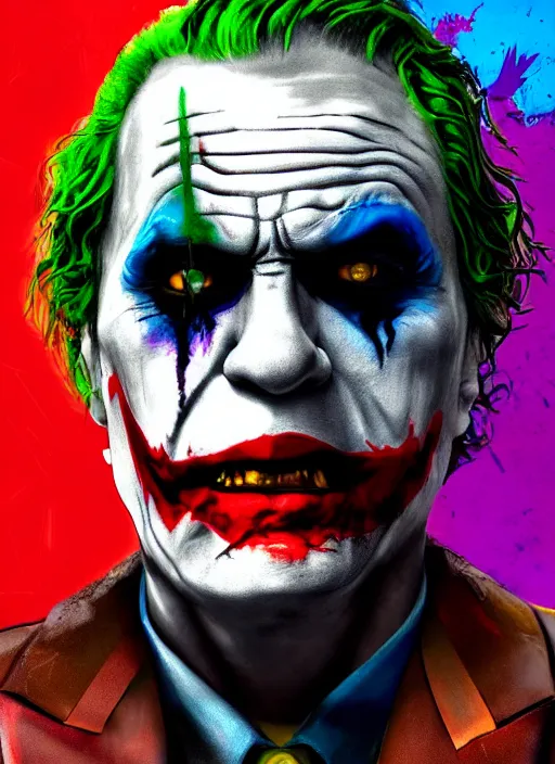 Prompt: abstract portrait of the joker in gears of war, city in the background, the joker 2 0 1 9, beautiful face and eyes, rule of thirds, face symmetry, colourful spray paint splatters, expressive, fine art, by pablo ruiz picasso, 4 k, correct body proportion, pablo ruiz picasso style
