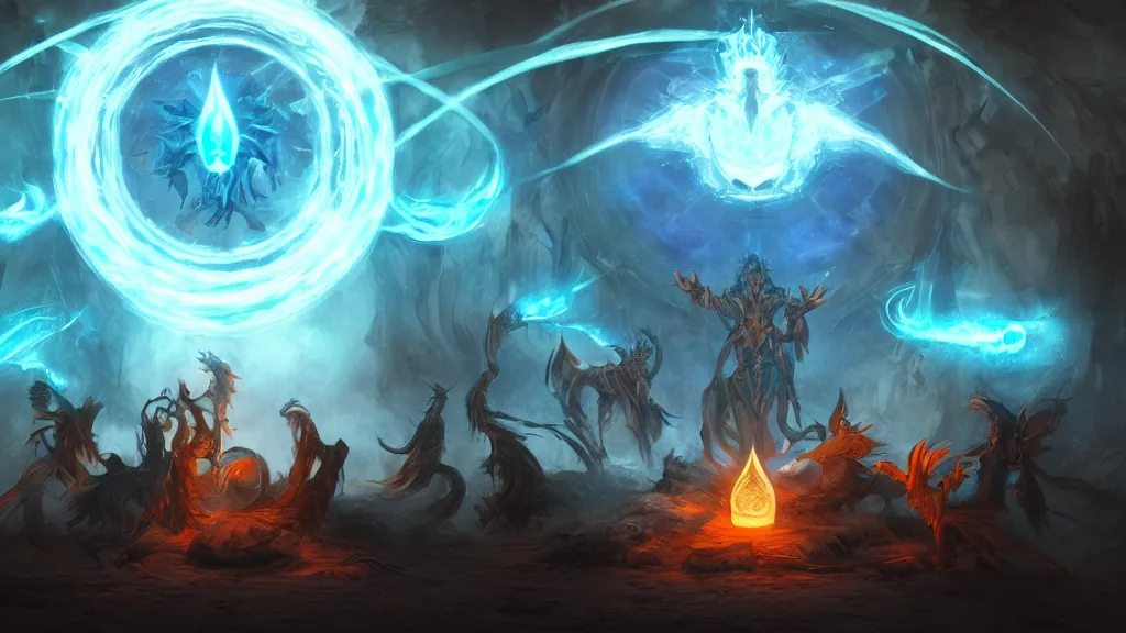 Prompt: mages in circle summoning an evil beast. lighting, bloom, blue flux. fantasy, digital painting, hd, highly detailed.
