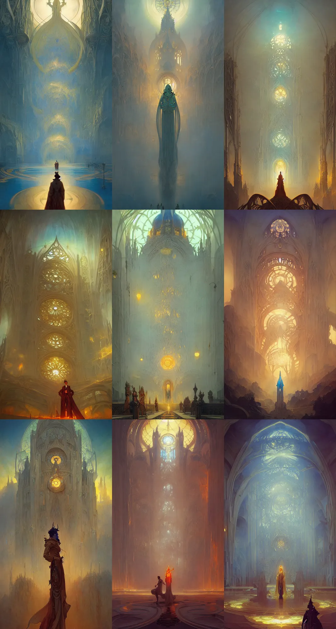 Prompt: cathedral of sun, art nouveau architecture, fantasy, art by joseph leyendecker, peter mohrbacher, ivan aivazovsky, ruan jia, reza afshar, marc simonetti