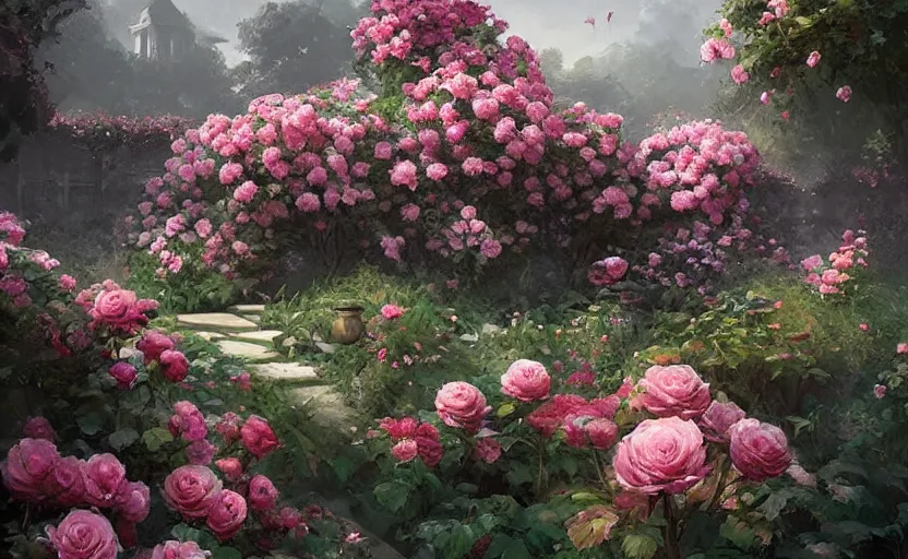 Image similar to a beautiful painting of a rose garden, Greg Rutkowski, digital art