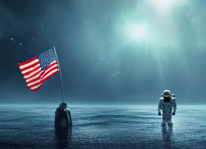 Image similar to astronaut holding a flag in an underwater desert. a submarine is visible in the distance. dark, concept art, cinematic, dramatic, atmospheric, 8 k, trending on artstation, blue, fish, low visibility, fog, ocean floor, christopher nolan, interstellar