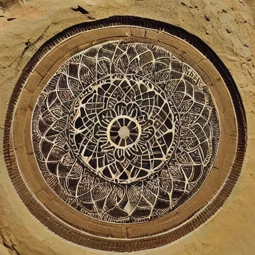 Image similar to mandala carved into the side of a mountainside