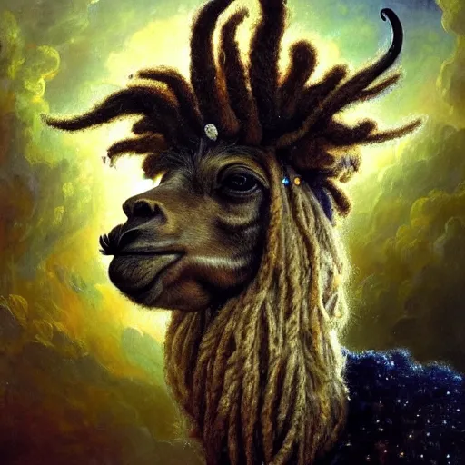 Prompt: detailed baroque portrait of a llama with dreadlocks, realistic creature concept, heroic pose, space nebula in background, Ilya Repin oil painting, by chriss foss, 4k, artstation