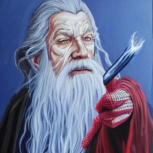 Image similar to gandalf as spiderman, painting