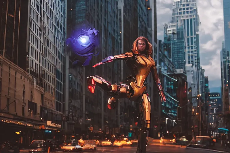 Image similar to vfx marvel sci-fi woman super hero robot photo real full body action pose, flying over city street cinematic lighting by Emmanuel Lubezki