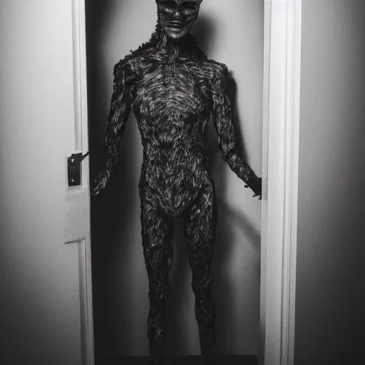 Prompt: grainy photo of a mannequin as a creepy monster in a closet, harsh flash