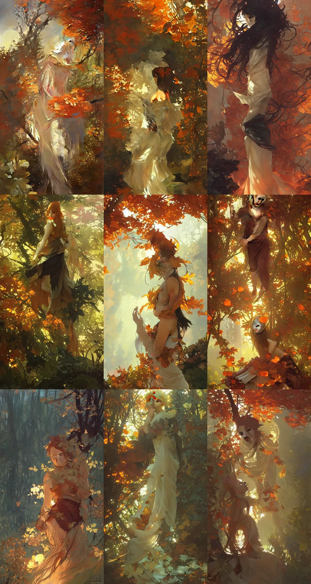 Prompt: the fall season, orange lighting, trees, elegant, dramatic lighting, graphic art, volumetric lighting, sharp focus, detailled, by Krenz Cushart and Artem Demura and Alphonse Mucha