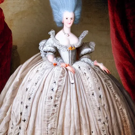 Prompt: Marie Antoinette wearing a beautiful rococo style dress, photo realistic